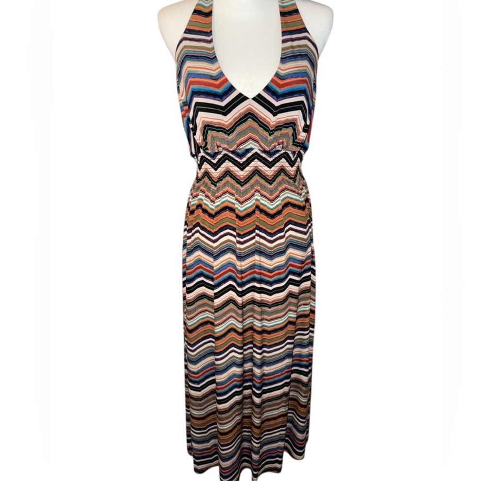 BISOU BISOU Chevron Stripe Orange Black V Neck Crisscross Maxi Dress size 12
